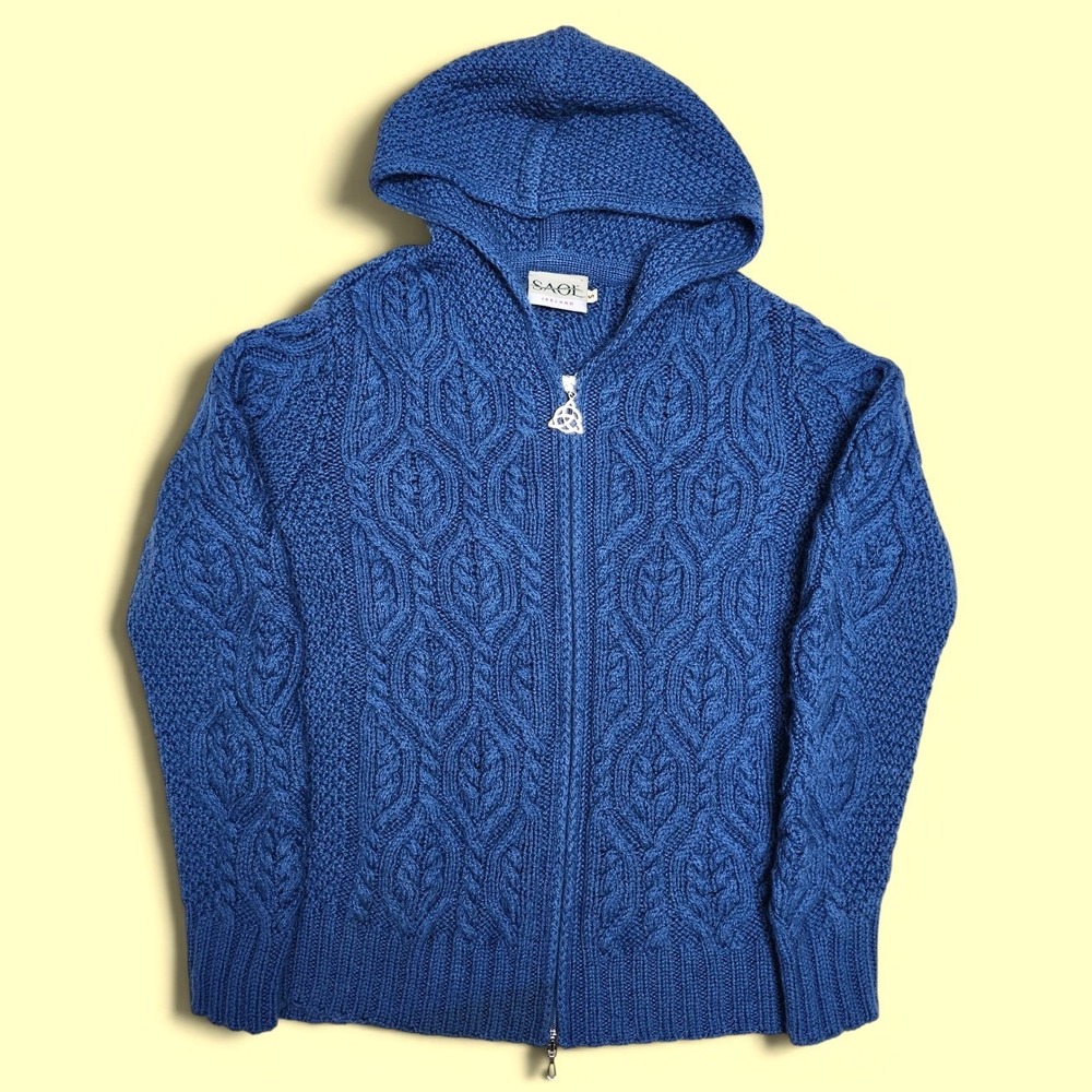 Aran Cable Knit Ireland 100% Merino Wool Hooded Zip Sweater Small Blue Cottage